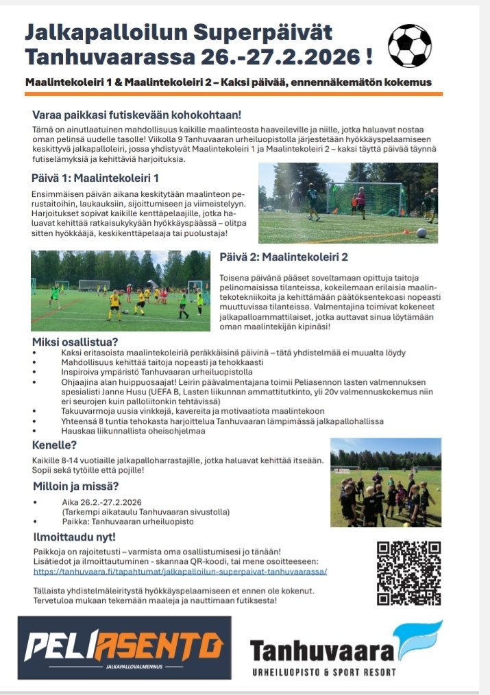 Talviloman ehkä opettavaisin futistapahtuma Tanhuvaaran upeissa maisemissa ⚽ 
Paikkoja rajoitetusti, joten pidähän kiirettä jos haluat olla mukana 
#jalkapallo #suomifutis #junnufutis #yhteistyö