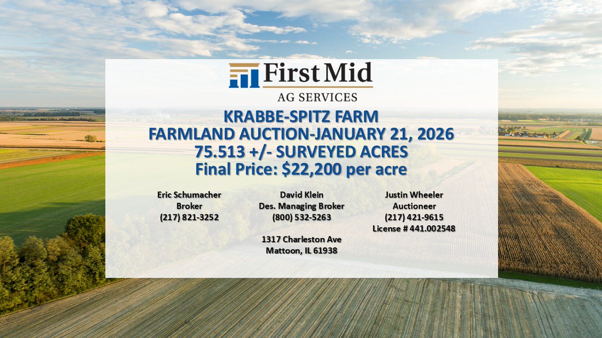 FirstMidAg's tweet image. $22,200/acre southeast of Effingham @FirstMidAg Auction January 21st, 2026.