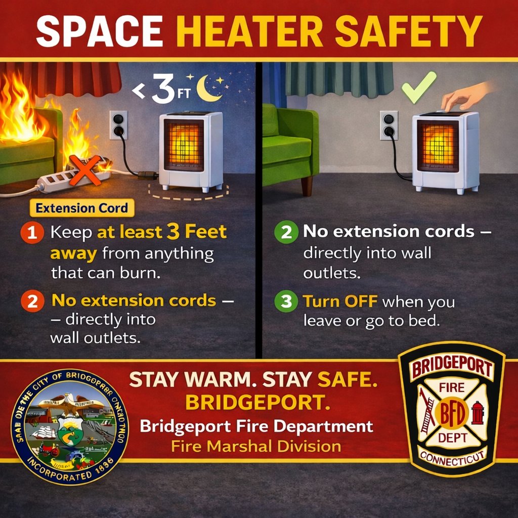 BridgeportFire's tweet photo. It's cold, and it is going to get colder! Please look over these Space Heater Safety tips to ensure you are SAFE while trying to keep warm. https://t.co/80g6s7yKBN