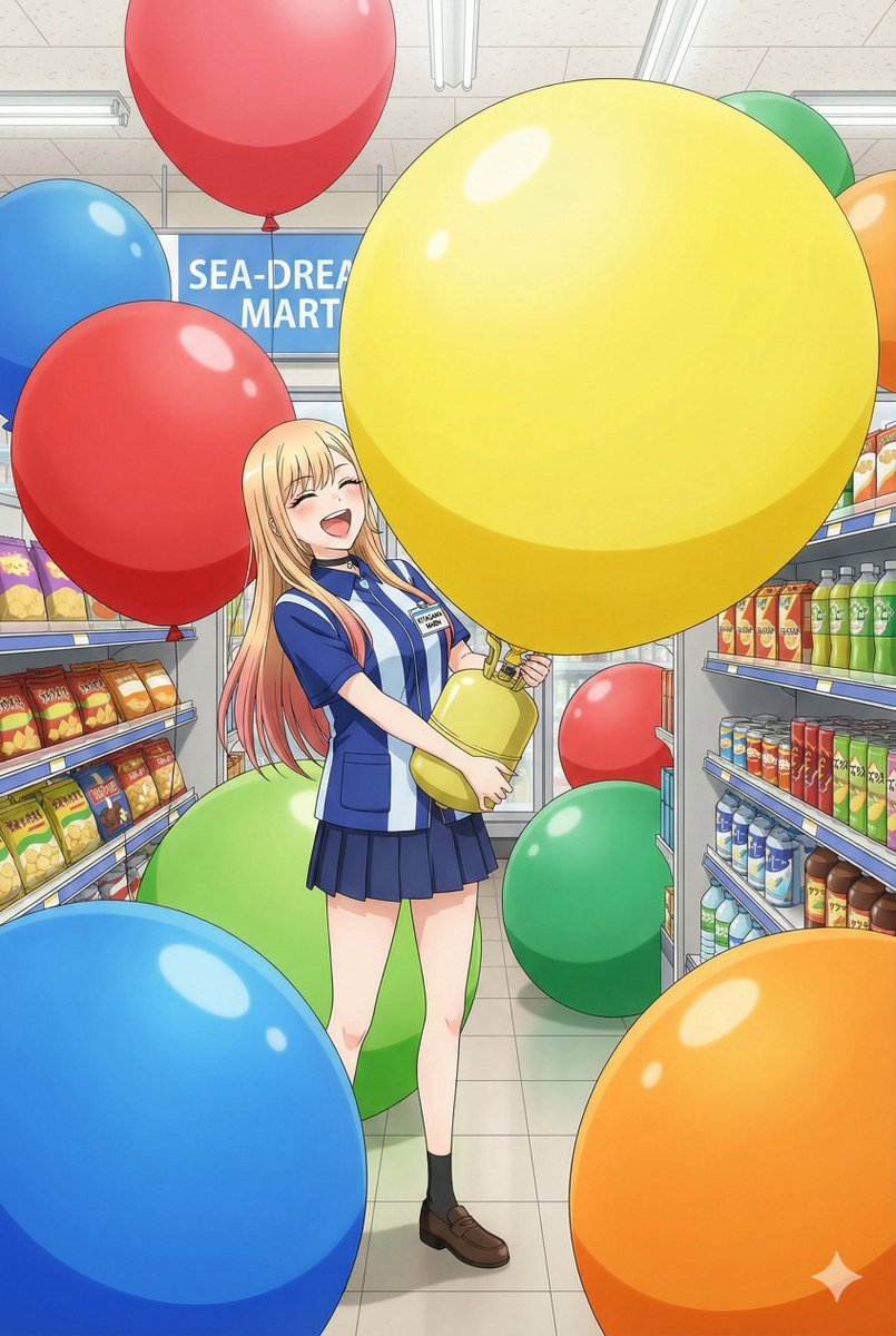 「五条くん、見てみて。店長が店を風船で飾り付けて欲しいって言うから、こんな大きなの用意したよ。え？もう割れそう？大丈夫しょ」   
"Gojo-kun, look at this! The manager asked me to decorate the shop with balloons, so I got these huge ones. Eh? Already about to burst? It'll be fine,