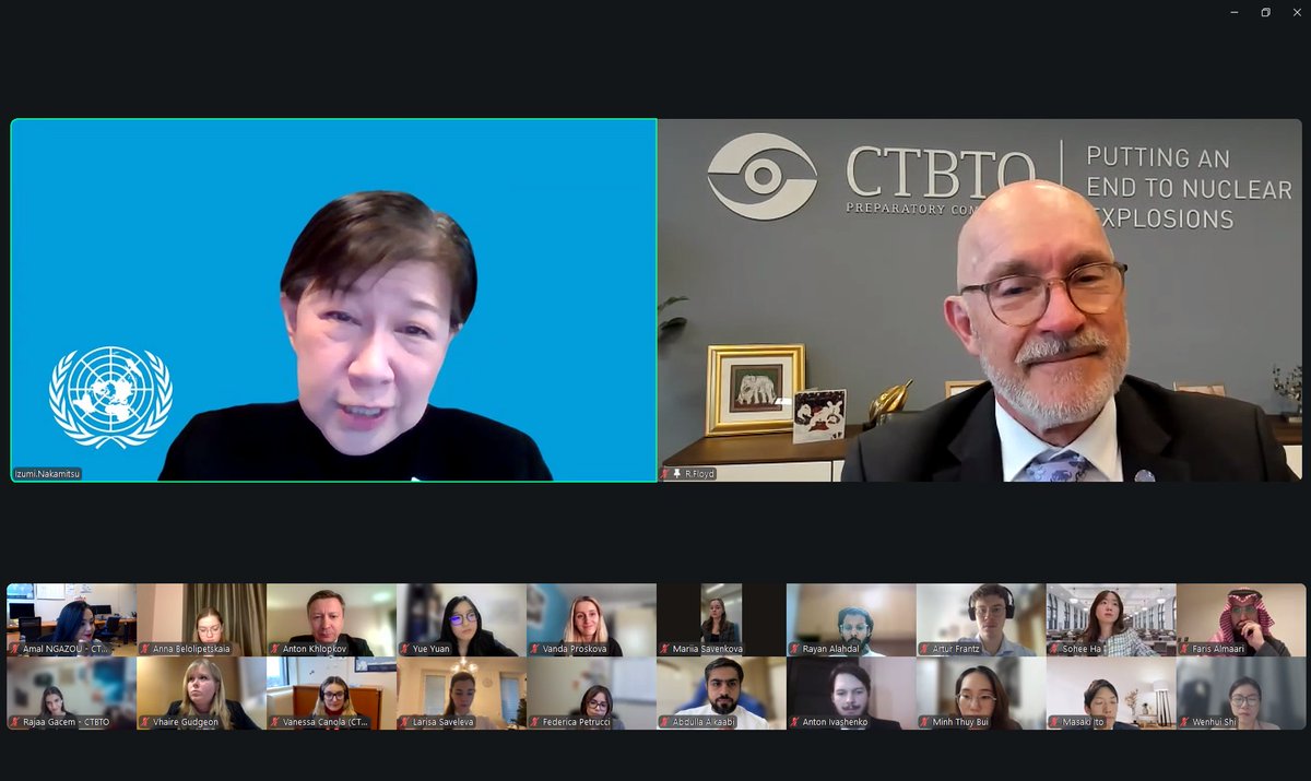 CTBTO's tweet photo. During the #CTBTO Research Fellowship session, organised in partnership with #CENESS, @DrRobFloyd congratulated the 2025 cohort of fellows on their impactful findings and encouraged them to keep pushing forward in strengthening ๐ peace and security. Under-Secretary-General and High Representative for Disarmament Affairs, @INakamitsu also attended the session, emphasising that the empowerment of young people is a strategic necessity to achieve a world free of nuclear weapon test explosions.