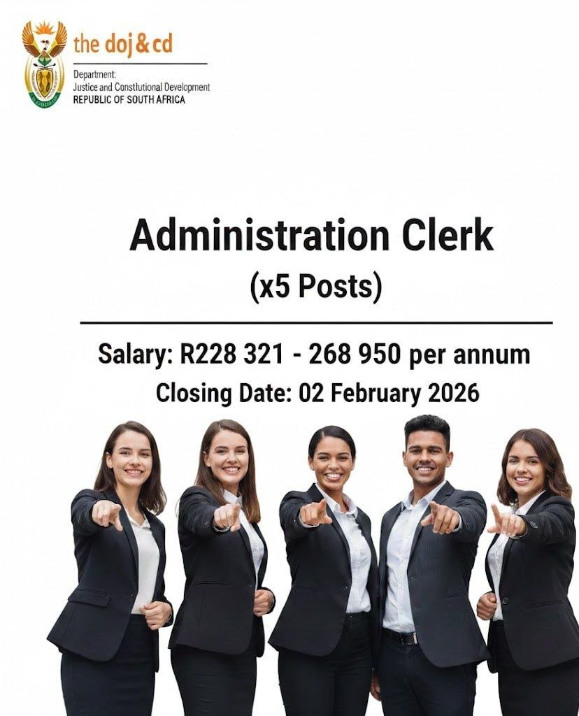 DOJ &amp; CD is Hiring!

📌  Position: Administration Clerk (x5 Posts)
💰 Salary: R228 321 – R268 950 per annum

Requirements:
✔️ Grade 12 Certificate or equivalent

📅 Closing Date: 02 February 2026

📝 How to Apply:
🔗 careersmason.com/administration…

🔁 Please share — this opportunity