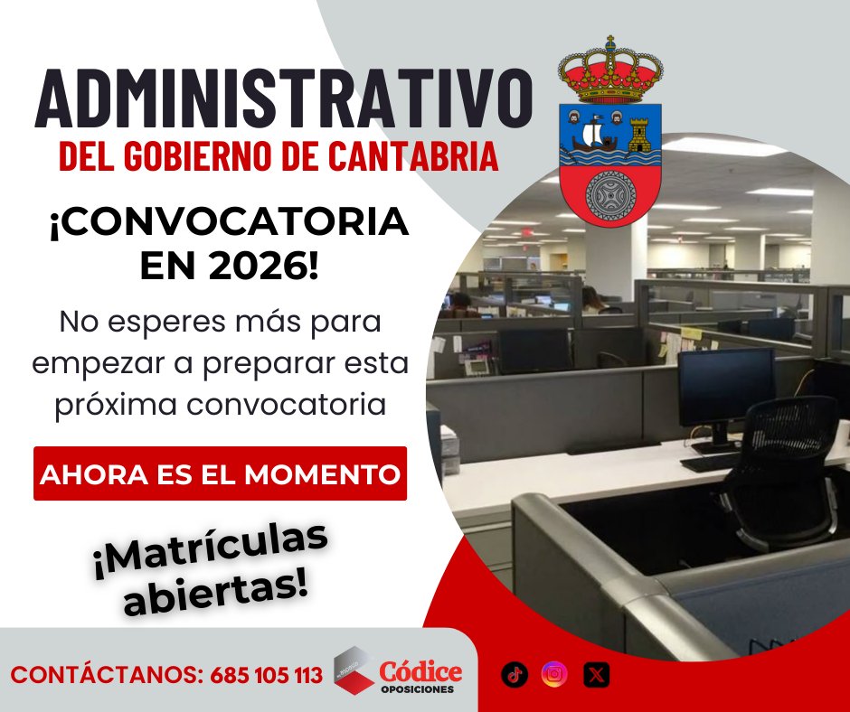 📢 ¡Empieza ya a prepararte la próxima #convocatoria para las #oposiciones del Gobierno de #Cantabria 👌

💥¡Matrículas abiertas!🔥

➕ Info 👇
📲 685 105 113
📧 academia@codicecantabria.com