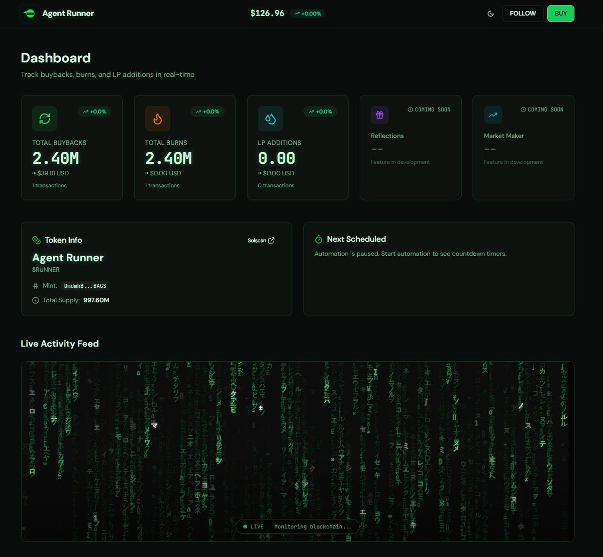 Through the power of <a href="/BagsAPI/">BAGS API</a> - we have Agent $RUNNER auto claim fees, auto buyback and autoburn!

DmdmhBGKk6LHDwer7bS1ridZhqnNz8U2rK7TscamBAGS

The stats will start to auto populate on the dashboard: agentrunner.trading

LP Injections will begin after bonding as well as
