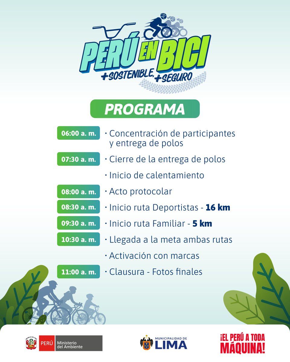 MinamPeru's tweet photo. 🚦 ¡Cuenta regresiva para pedalear! 🚴‍♀️🚴‍♂️ Ya están abiertas las inscripciones para #PerúEnBici, una jornada que impulsa una movilidad más sostenible y segura para todos 🌱🛣️ 

📅 Domingo 8 de febrero de 2026 
⏰ Desde las 6:00 a. m. 

Súmate, recorre la ciudad en bicicleta y forma parte del cambio hacia espacios urbanos más limpios y saludables 💚 

👉 Inscríbete aquí: https://t.co/XKyUG2Uwyf 

#PerúEnBici #MovilidadSostenible #BiciSegura #CiudadesVerdes