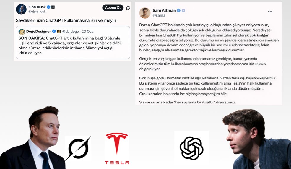 - Elon Musk, ChatGPT kullanımını 9 ölümle ilişkilendiren gönderiyi paylaştı 

- Sam Altman, Tesla'nın otopilot kazalarındaki 50'den fazla ölümü hatırlattı

Eski kankaların kavgasında son perde: kimin şirketi daha çok ölüme neden oldu?