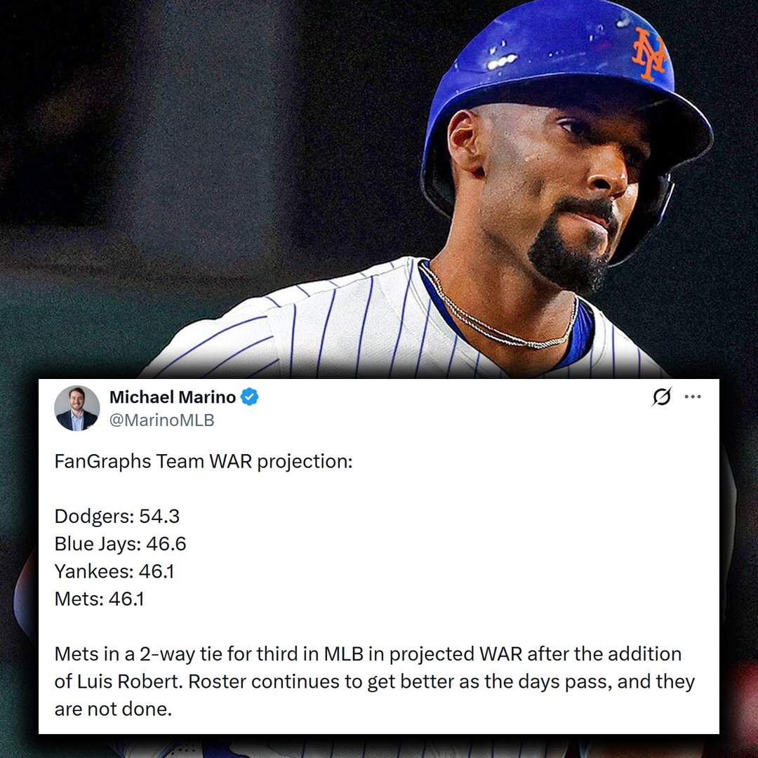 MetsMuse's tweet image. Mets new look lineup:

1. SS Lindor
2. RF Soto
3. 3B Bichette 
4. 1B Polanco 
5. DH Baty 
6. C Alvarez 
7. CF Robert Jr. 
8. 2B Semien
9. LD Benge 

Added Weaver and Williams to the bullpen. At least another starting pitcher to come. Stearns' vision is becoming reality.