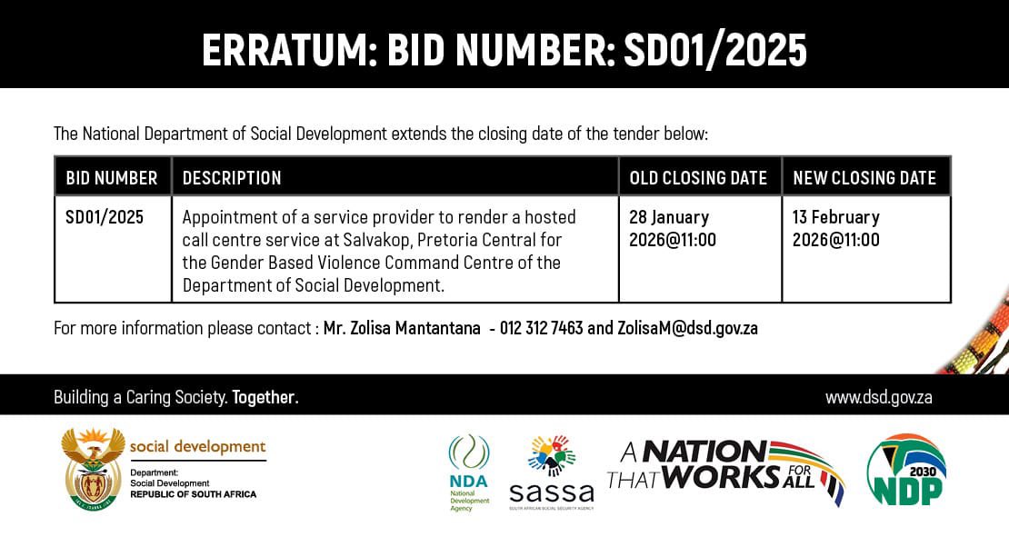 The_DSD's tweet image. 📢 Tender Notice | Erratum

The closing date for Bid SD01/2025 has been extended to 13 February 2026 at 11:00. Interested service providers are encouraged to take note and submit accordingly.