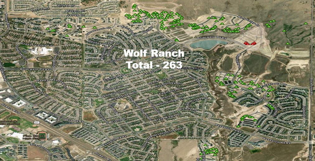 PPRBD's tweet image. Home builders were busy in Wolf Ranch in 2025.   We issued permits for about 260 new homes, mainly on the northside of the lake.

Each green triangle is a new detached home.
Each red triangle is a townhome. #housing #newhome #newhouse #wolfranch #coloradosprings #HousingMarket