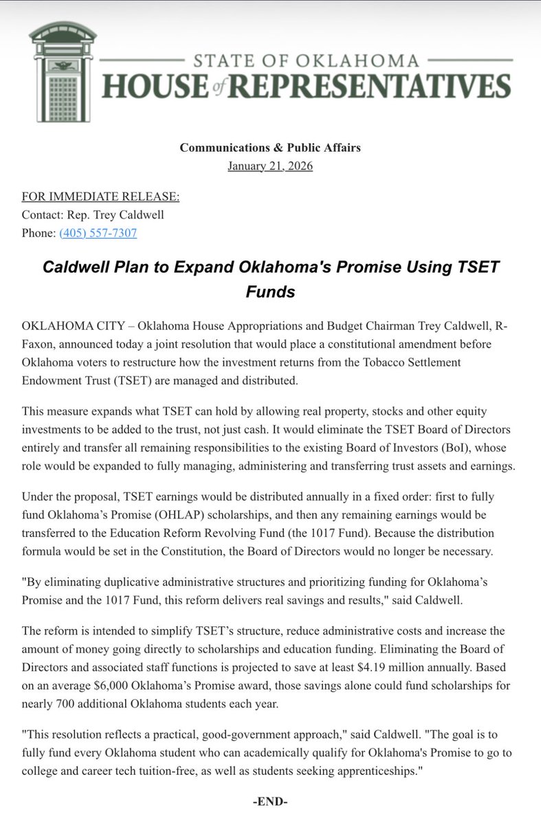 ThriceSavage's tweet photo. In Star Wars terms, this would be An #okleg Budget Chairman Strikes Back. 👀
HJR 1077 would have the public vote on eliminating #TSET's Board and directing all trust fund revenues "in a fixed order" to #OHLAP college scholarships and #oklaed funding.
Stocks, etc. could be held. https://t.co/NfoZYvQ10P