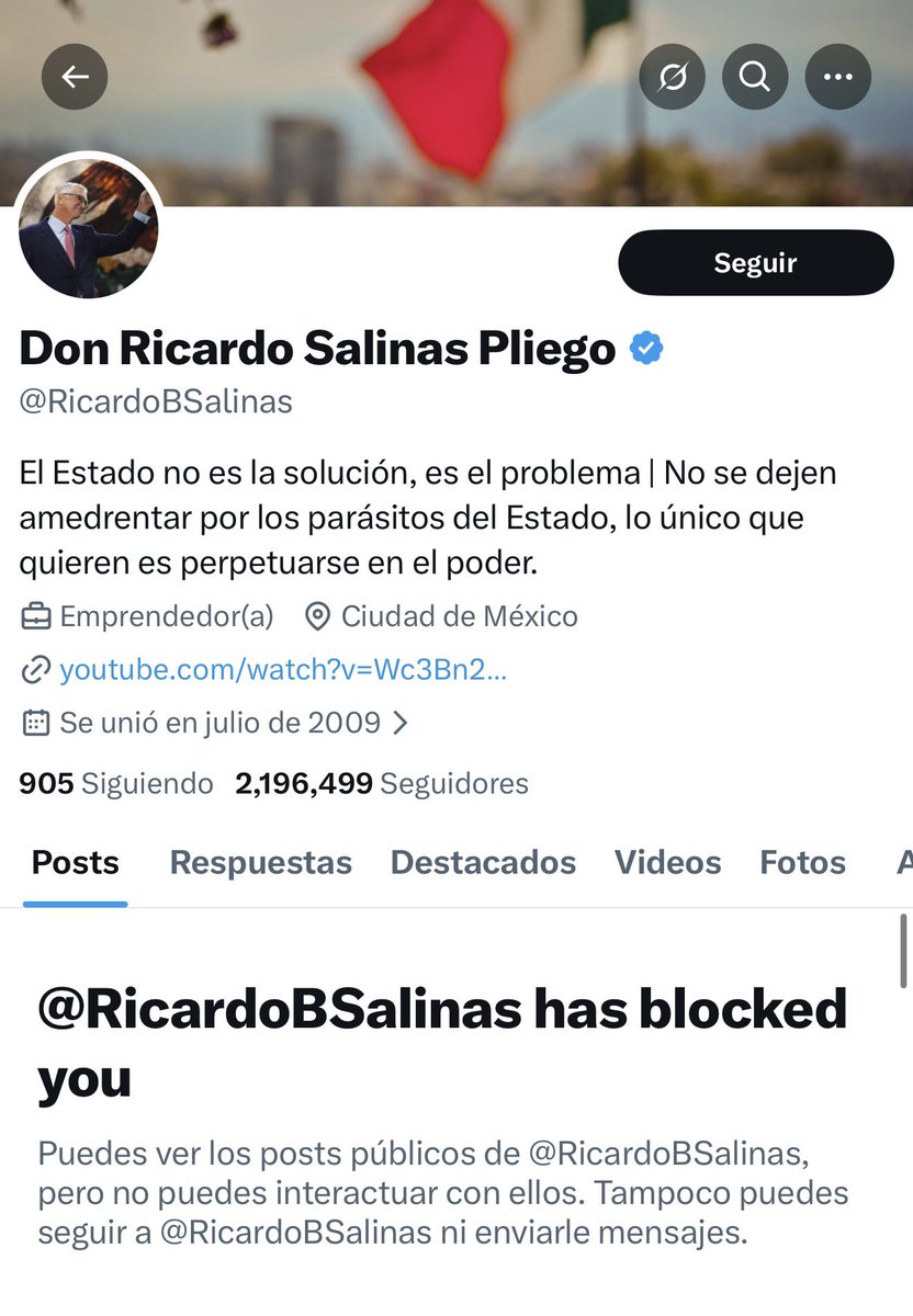 ¿Por qué el deudor fiscal de <a href="/RicardoBSalinas/">Don Ricardo Salinas Pliego</a> me bloqueó?

Siempre he sido respetuoso con él tanto como él lo ha sido conmigo. Vaya cobarde, le gusta atacar a periodistas pero le cala que lo critiquen. Peor que dictador.

Ese quiere gobernar el país 👇🏽