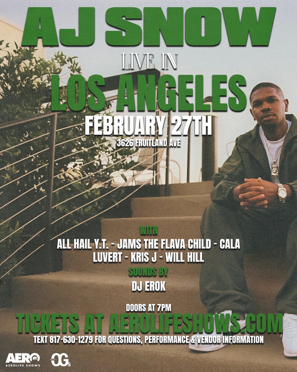 AJ SNOW LIVE IN LOS ANGELES. FEB 27TH. GOT SOME OF THE HOMIES WITH ME 🥂

TICKETS: eventbrite.com/e/february-27t…