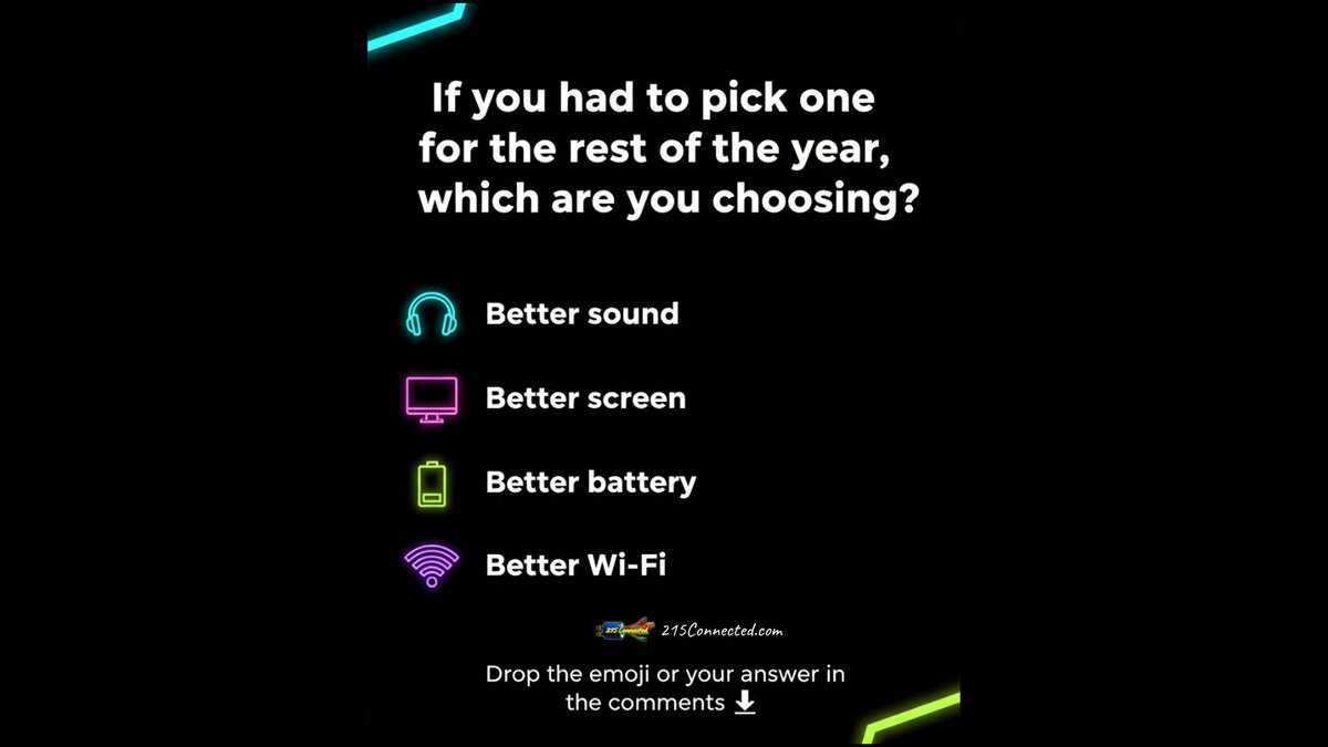215connected's tweet image. Pick one for the rest of the year. 🎧🖥️🔋📶 What's it gonna be? 👇
#QuickPoll #TechChoices #Community #215Connected #GetConnected