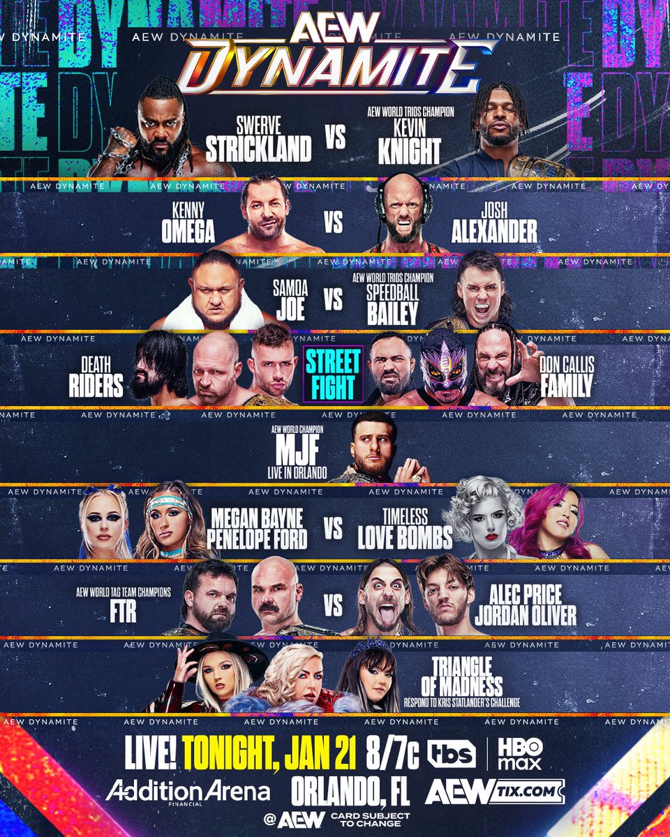 AEW's tweet photo. 🚨 IN ONE HOUR! 🚨

A jam-packed #AEWDynamite is coming to you LIVE from Orlando, FL!

It all KICKS OFF at 8/7c on @TBSNetwork + @SportsOnMAX, TONIGHT! https://t.co/Uz0WM5QDjJ