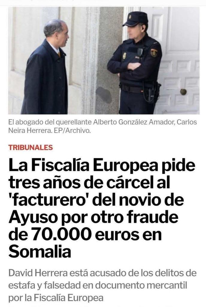 jebl_'s tweet image. La Fiscalía Europea ha solicitado  tres años de prisión, pero no directamente para Alberto González Amador (novio de Isabel Díaz Ayuso), sino para el empresario David Herrera, conocido como el "facturero" vinculado a su entramado.

La Fiscalía Europea acusa a David Herrera de un
