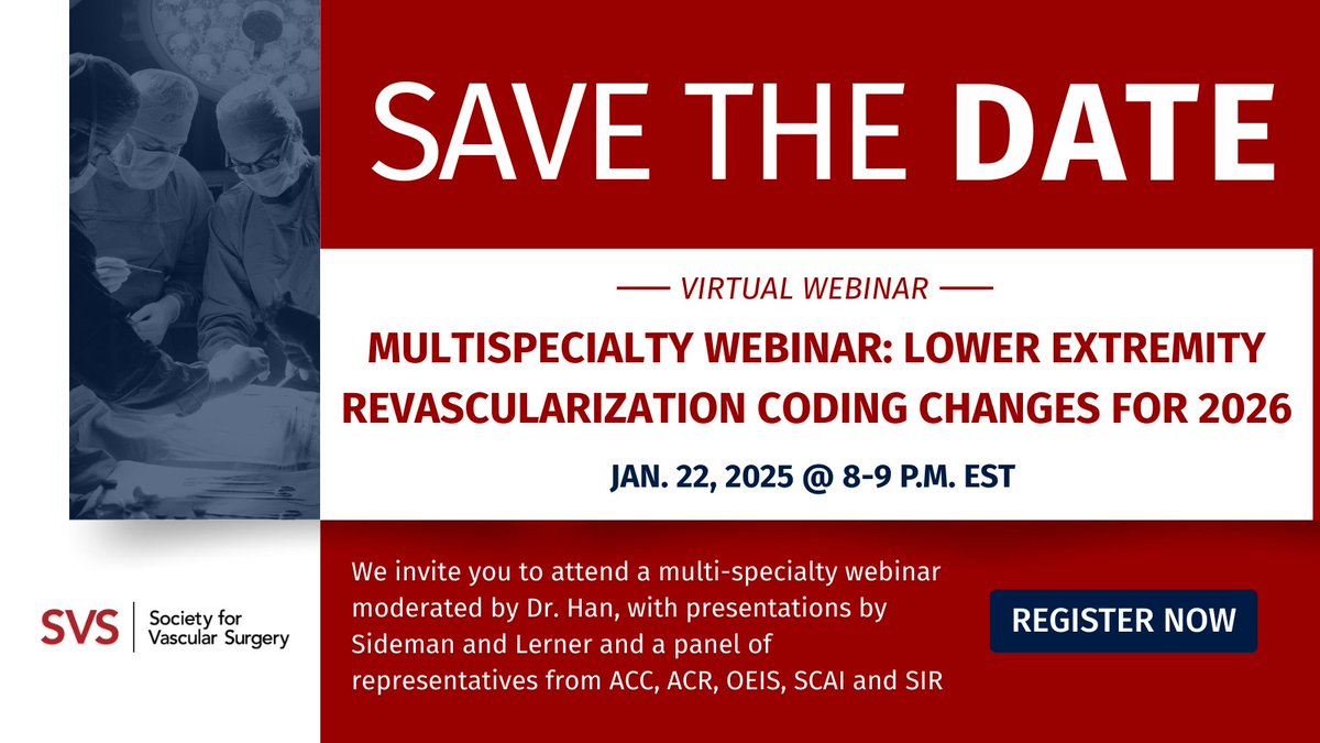 SIRspecialists's tweet photo. 📢Coding webinar! 🖥️ Join our panelists, as well as representatives from @VascularSVS, @ACCinTouch, @RadiologyACR, @OEISociety and @SCAI for information about the new lower extremity revascularization (LER) codeset. Join us Jan. 22 at 8 p.m. ET! https://t.co/2HDvQaeHz7 https://t.co/ACJmahnQyw