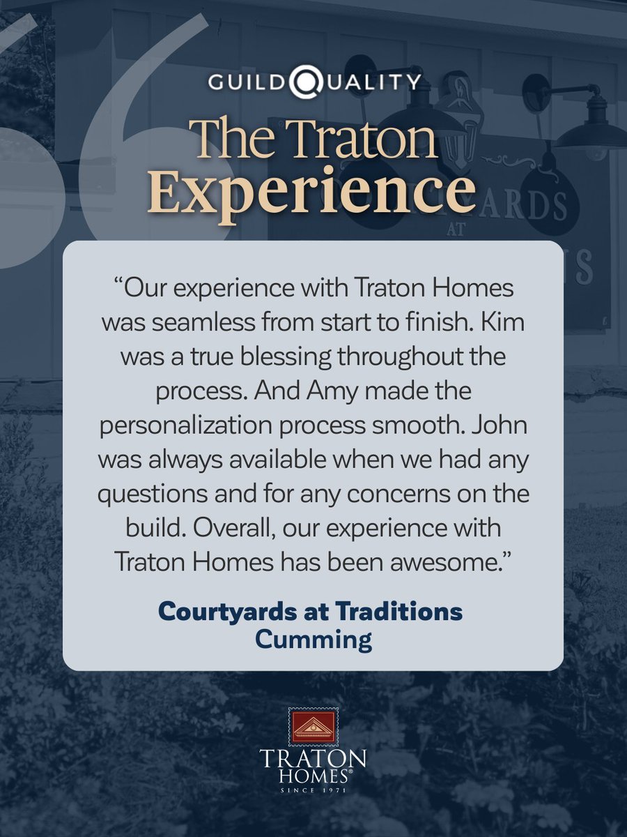 “Our experience with Traton Homes was seamless from start to finish.” From guidance to communication, this homeowner story reflects The Traton Experience. Proud to be an eight-time Guildmaster Award recipient through GuildQuality. Explore more at TratonHomes.com