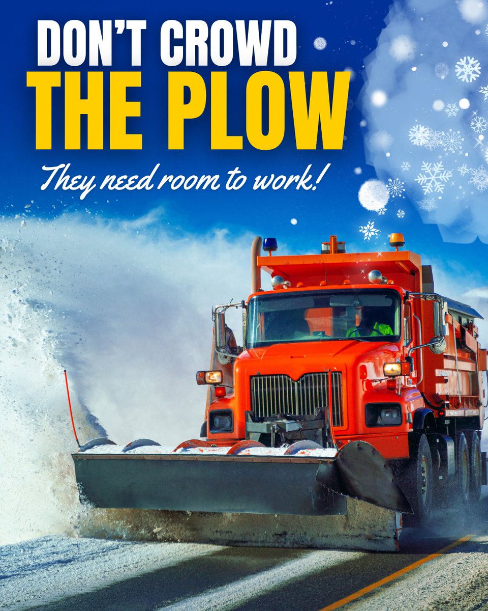 NHTSAgov's tweet image. When winter weather strikes, remember snow plow drivers have an important job to do!

Drivers:
❄️ Stay a safe distance away
❄️ Don't travel next to a plow
❄️ Use caution if you pass a plow