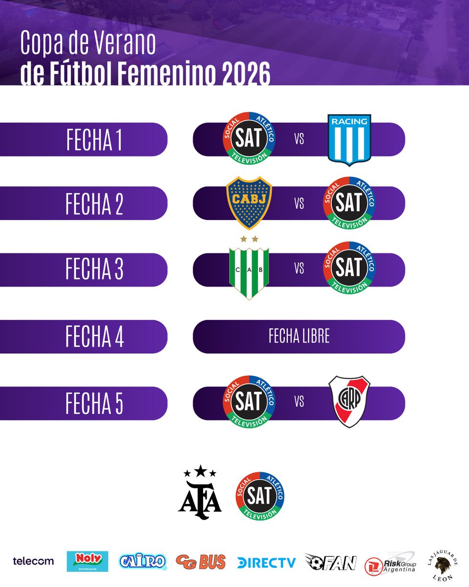 ¡Las campeonas de la Copa de Invierno van por la de Copa de Verano 2026! 😎🏆

🙌 Este es el fixture del nuevo torneo amistoso que disputará SAT.

🔜 La Tele debutará frente a Racing en el 12 de Agosto.

#VamosLaTele 🇬🇲