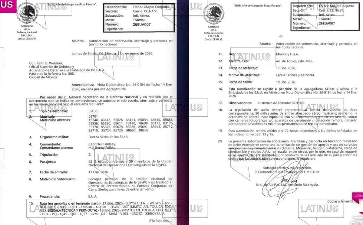 azucenau's tweet image. 🔴 Documento revela detalles del aterrizaje del avión militar de Estados Unidos, Hércules C-130, en Toluca.

La autorización difundida por @ClaudioOchoaH en @latinus_us exhibe contradicciones en la versión oficial.

Como antecedente, se cita una nota diplomática del 14 de enero,…