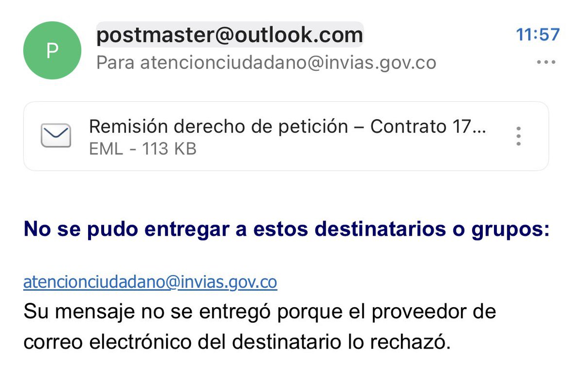 Cómo es que <a href="/InviasOficial/">Invías</a> rechaza los correos con peticiones de su canal institucional atencionciudadano@invias.gov.co o entonces no se les puede preguntar nada o hay que ir hasta Bogotá a radicarles?