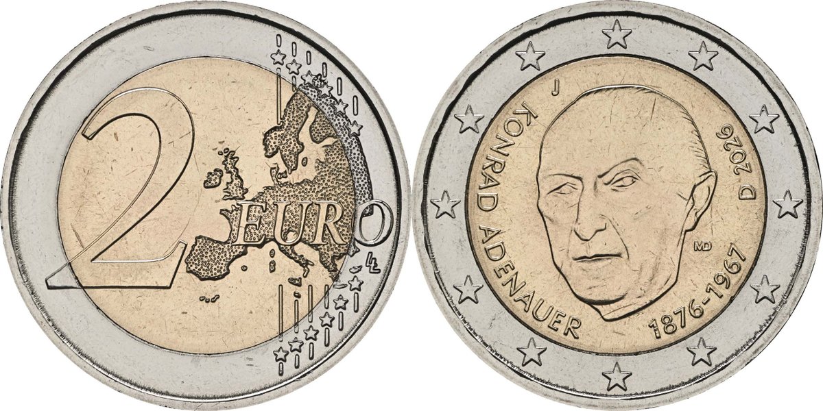 Neu am Lager: 2 Euro Adenauer 2026 bfr Deutschland: Deutschland : 2 Euro Konrad Adenauer Buchstabe unserer Wahl 2026 bfr  Preis: 3.5 Euro dlvr.it/TQTf8j