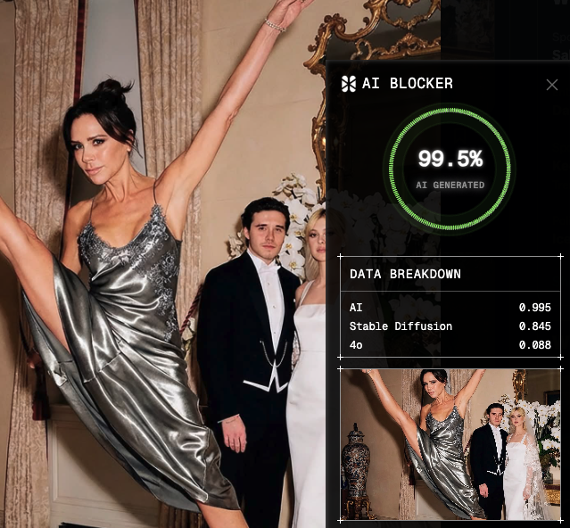 The leaked <a href="/victoriabeckham/">Victoria Beckham</a> wedding images are fake. 

There have been no real images released of Victoria from Brooklyn Beckham's wedding.

Sounds like the family is going through a lot, AI shouldn't be another thing they have to deal with.