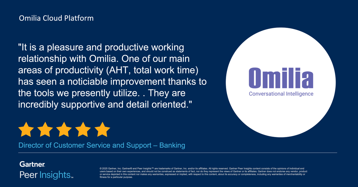 Banking demands secure, efficient customer service. 💳

A recent Gartner® Peer Insights™ review mentions "It is a pleasure and productive working relationship with Omilia. One of our main areas of productivity (AHT, total work time) has seen a noticiable improvement thanks to