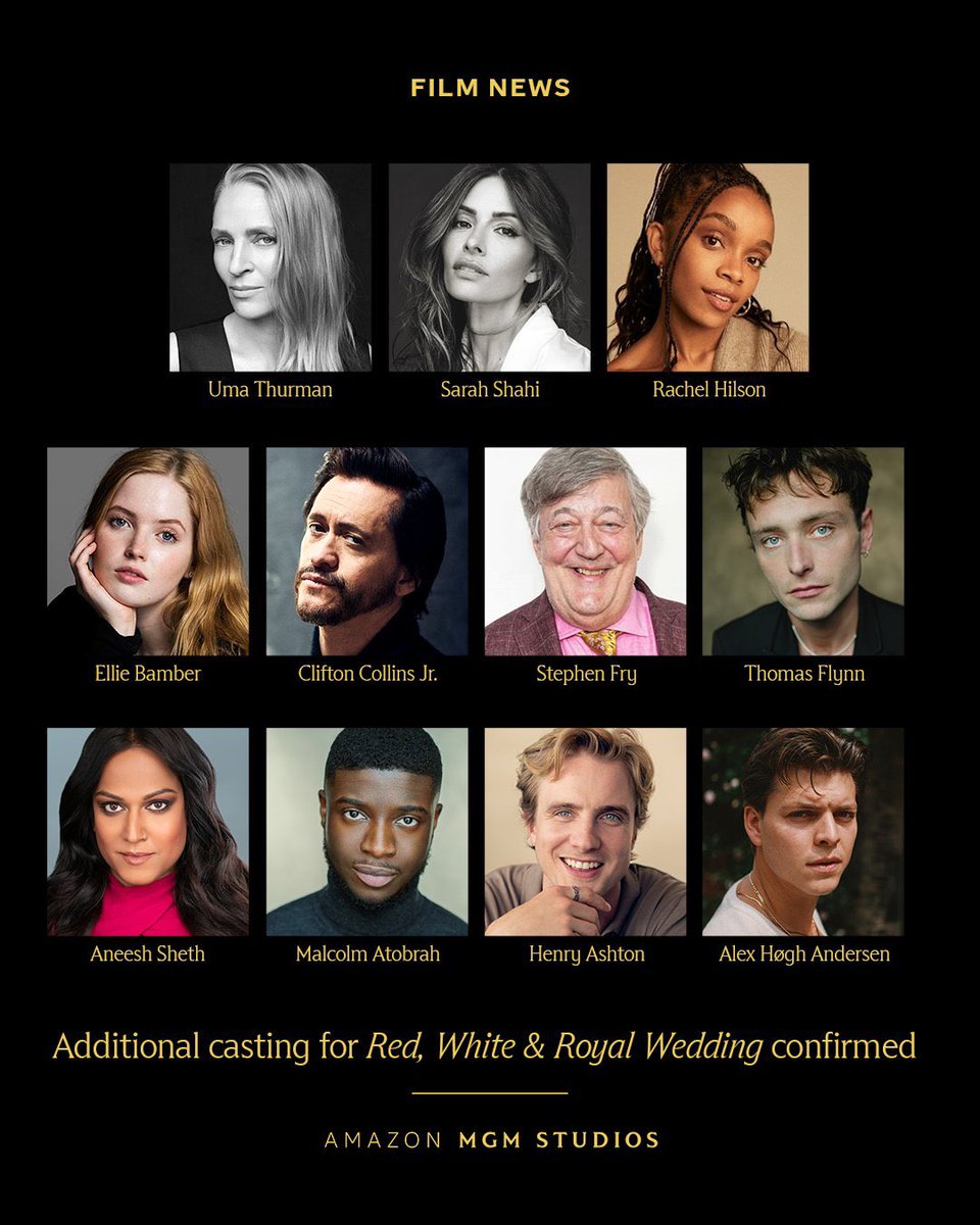 FilmUpdates's tweet image. Uma Thurman, Sarah Shahi, Rachel Hilson, Ellie Bamber, Clifton Collins Jr., Stephen Fry, Thomas Flynn, Aneesh Sheth and Malcolm Atobrah will return for ‘RED, WHITE &amp;amp; ROYAL WEDDING.’

Henry Ashton and Alex Høgh Andersen have also joined the cast.