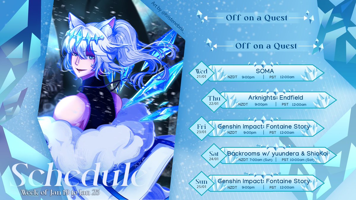 💎SCHEDULE💎 [19/01 - 25/01]

Completely forgot to upload my schedule! 

I was originally going to play SOMA tomorrow but since we finished it today, I will be trying out Arknights: Endfield instead! 

We also have a collab with Yun and Shio on Sunday morning! 

See you there!🩵