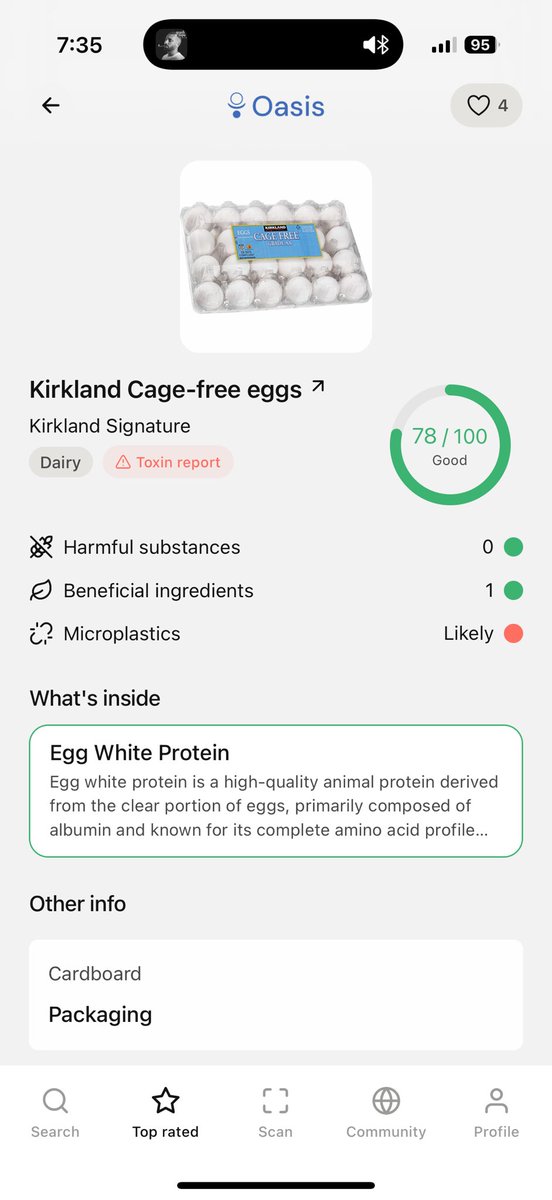 eli_avgi's tweet photo. @oasishealthapp App says Kirkland eggs are a 78 though?? https://t.co/KkG3wM82oa