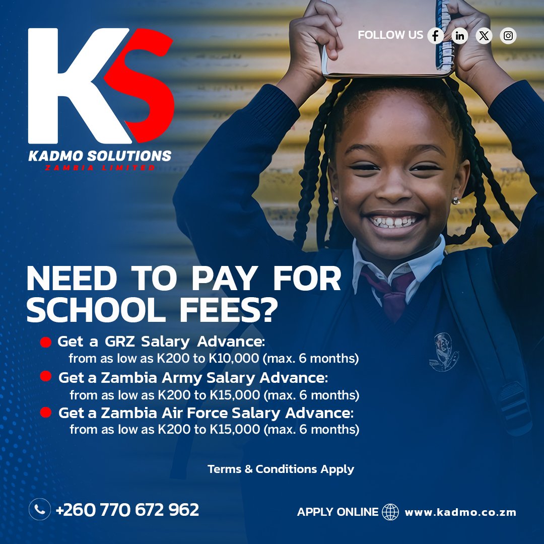 Secure your child’s future without the stress. We offer quick salary advances for GRZ, Zambia Army, and Zambia Air Force staff. From K200 up to K15,000 with flexible repayment of up to 6 months. Apply online today or call 974226577 

Ts and Cs Apply.