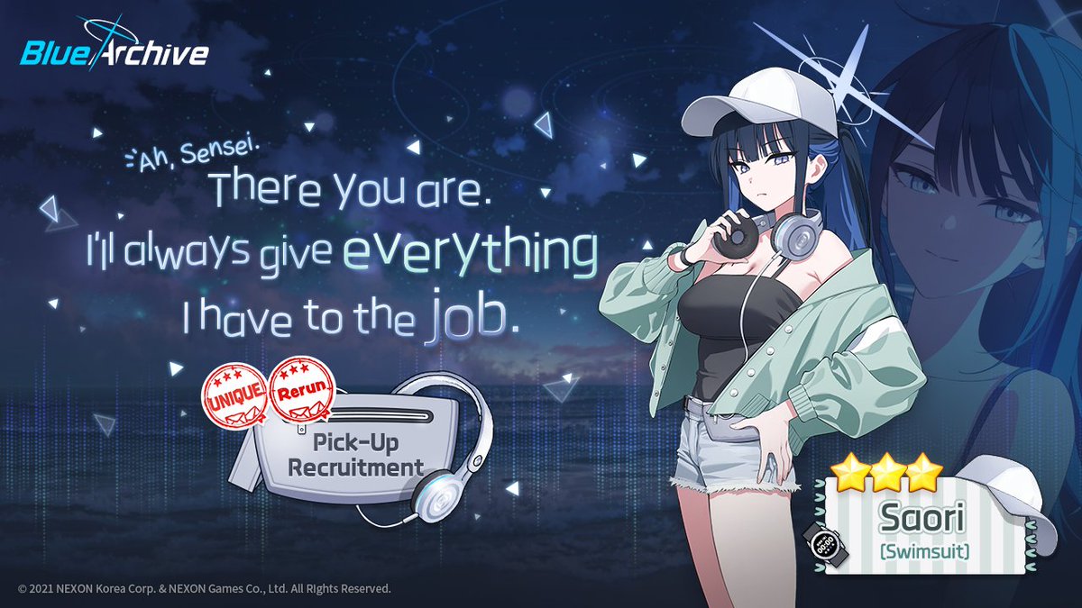 EN_BlueArchive's tweet image. [Unique Rerun Pick-Up Recruitment Preview]

A Unique Rerun Pick-Up Recruitment will begin on 1/27 (Tue)!

💌Pick-Up Student: 3★ Saori (Swimsuit), 3★ Hiyori (Swimsuit), 3★ Neru (Bunny), 3★ Karin (Bunny)
🗓️Pick-Up Recruitment Schedule: 1/27 (Tue) After maintenance – 2/10 (Tue)…