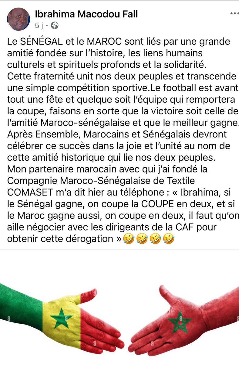 CALMONS LE JEU !
Le Sénégal a gagné et a célébré ses LIONS ! C’est le football ! Maintenant, il nous revient de calmer le jeu au nom des liens historiques, spirituels, culturels et économiques qui nous lient au Maroc. J’invite aussi la CAF à jouer ce match.
