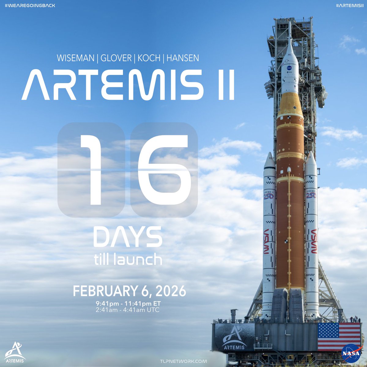 🚨L-16 DAYS AND COUNTING TILL ARTEMIS II🚨
In just 2 weeks, launch controllers will arrive on station at L-49 hours and begin the countdown to launch for  Artemis II! We are going back, together! 🌎🚀🌖

📅Launch NET: February 6, 2026
🕘Launch Window: 9:41 PM – 11:41 PM ET