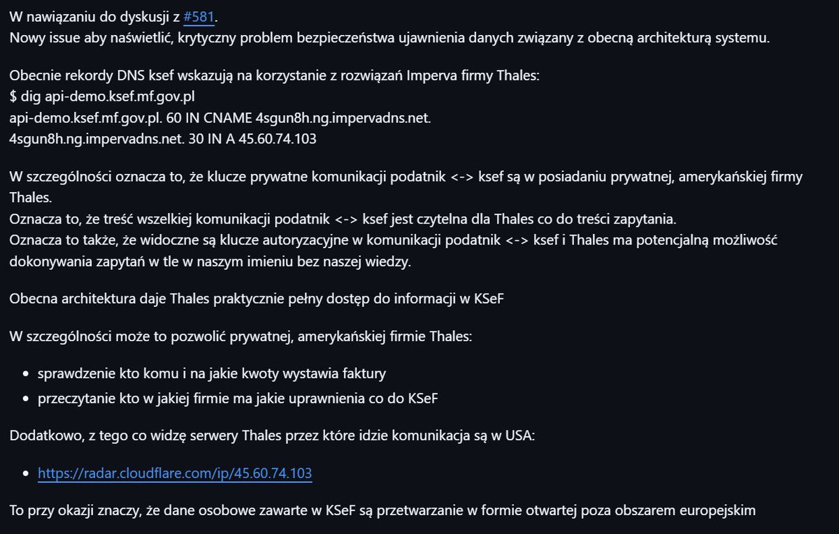 Czy pamiętacie zapowiedzi, że KSeF będzie bezpiecznym, suwerennym systemem państwowym?

Warto przyjrzeć się jego architekturze nieco głębiej -
Bo im dalej w las, tym więcej pytań.

Z analizy rekordów DNS wynika, że komunikacja z API KSeF korzysta z infrastruktury Imperva