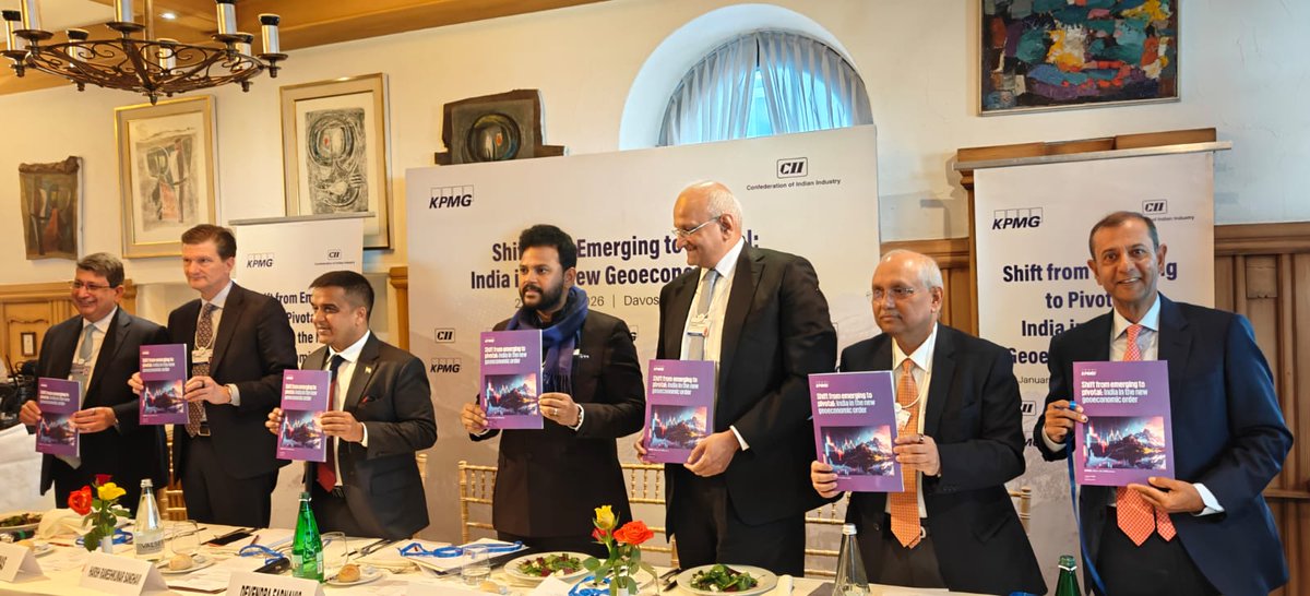 KPMGIndia's tweet photo. #Davos2026 | Unveiling of the @KPMGIndia -  @FollowCII report '𝗦𝗵𝗶𝗳𝘁 𝗳𝗿𝗼𝗺 𝗲𝗺𝗲𝗿𝗴𝗶𝗻𝗴 𝘁𝗼 𝗽𝗶𝘃𝗼𝘁𝗮𝗹: 𝗜𝗻𝗱𝗶𝗮 𝗶𝗻 𝘁𝗵𝗲 𝗻𝗲𝘄 𝗴𝗲𝗼𝗲𝗰𝗼𝗻𝗼𝗺𝗶𝗰 𝗼𝗿𝗱𝗲𝗿' by @RamMNK, Hon’ble Minister of Civil Aviation, Government of India (@MoCA_GoI); @sanghaviharsh, Hon'ble Deputy Chief Minister, Government of Gujarat, India; @BillThomas_KPMG, Global Chairman & Chief Executive Officer, @KPMG International; Ramachandran Dinesh, Chairman, @TVSSCS; @RohitKapoorEXL, Chairman and CEO, @exl_service;  @CB_CII, Director General, CII; along with Yezdi Nagporewalla, CEO, KPMG in India at @wef.

@Davos

#WEF2026 #GlobalTrade #Geopolitics #Geoeconomics
