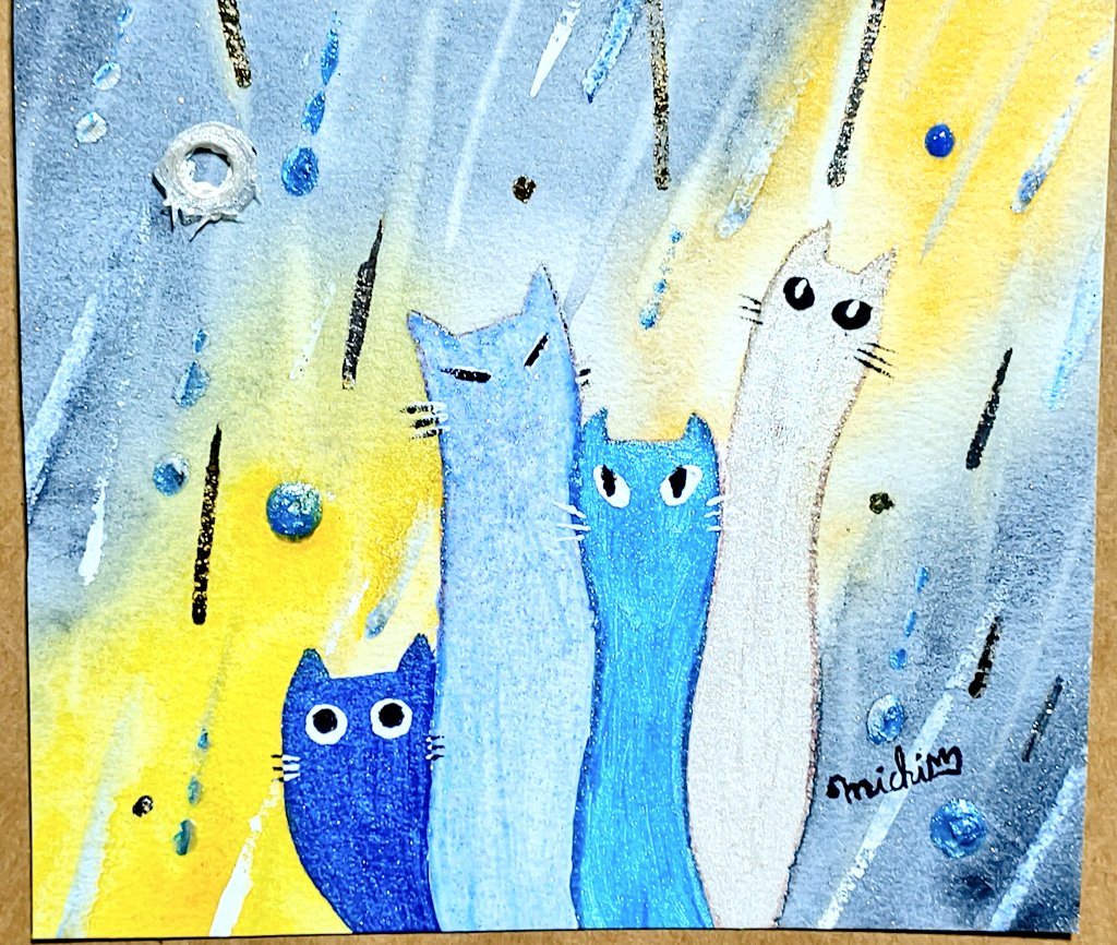 星降る猫」 アクリル絵の具、透明水彩絵の具、ミラーイフェクトシート