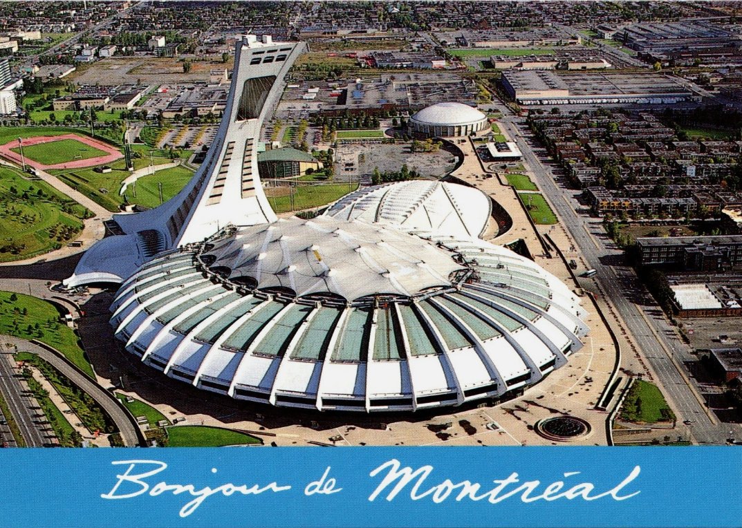 WalkMontreal's tweet image. Olympic Stadium, Montreal.  Postcard 1980's/1990's showing kevlar roof.  Velodrome(Biodome) and Maurice Richard Arena also seen.