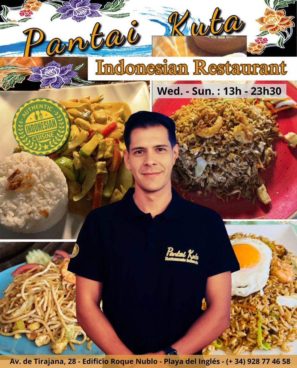 DunasMap's tweet image. 🍛✨ PANTAI KUTA | INDONESIAN RESTAURANT
Authentic Indonesian &amp;amp; Asian flavours in Maspalomas
 maps.app.goo.gl/Eyvczh3N7qdaMP…
🇮🇩 Tasty specialties cooked by a native Indonesian chef, with generous portions and great prices.
🍽️ Eat in • 🥡 Take away • 🚚 Delivery available
📍 Av. de…