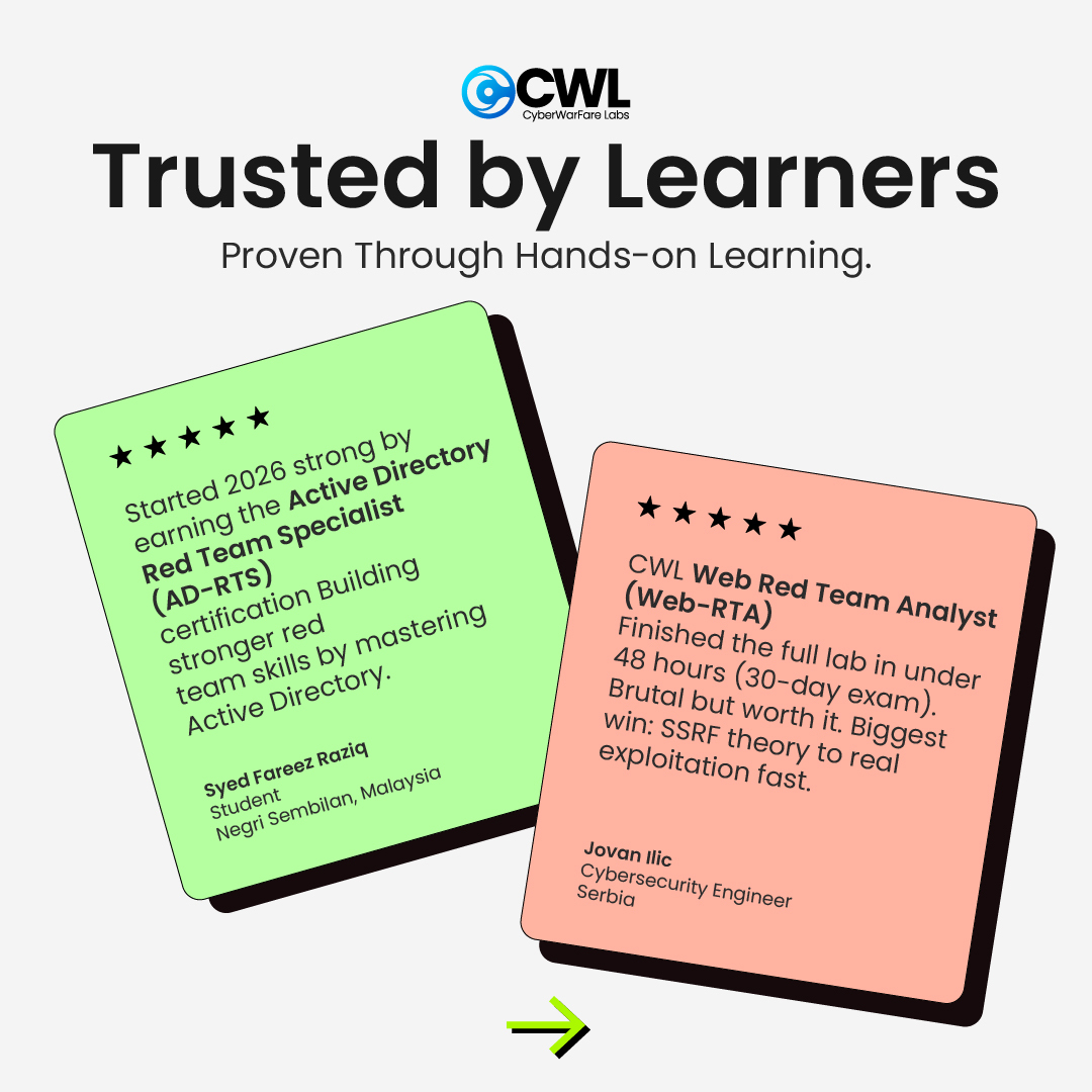 cyberwarfarelab's tweet image. Trusted by learners across the globe.🌍 If you’re serious about red teaming, this is where you start. AD-RTS &amp;amp; Web-RTA at Just $9 each — no coupon needed.

👉AD-RTS: cyberwarfare.live/product/active…

👉Web-RTA: cyberwarfare.live/product/web-re…

#CyberWarfare #OffensiveSecurityTraining #CWL