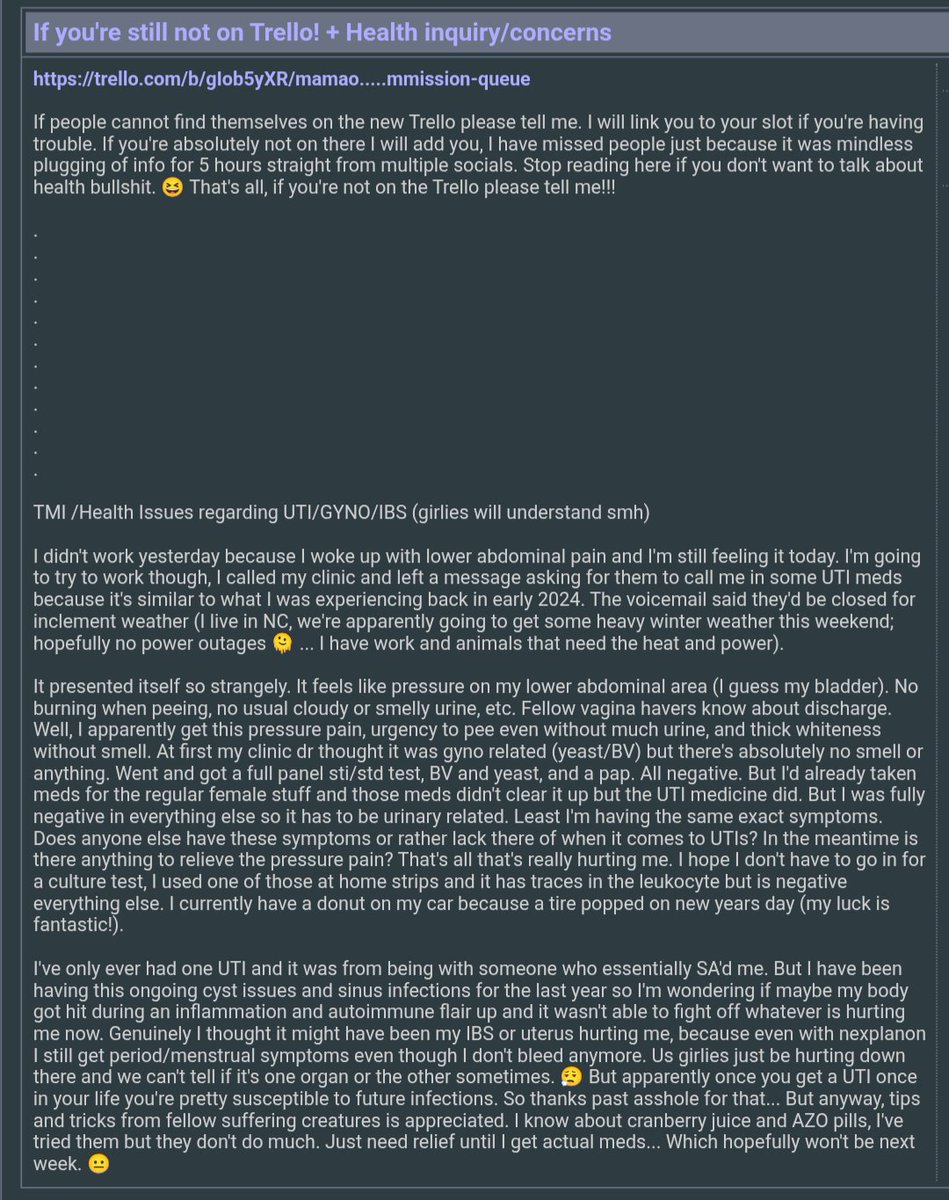 trello.com/b/gIob5yXR/mam…

If people cannot find themselves on the new Trello please tell me. I will link you to your slot if you're having trouble. Stop reading here if you don't want to talk about health bullshit below. 😆 That's all, if you're not on the Trello please tell me!!!