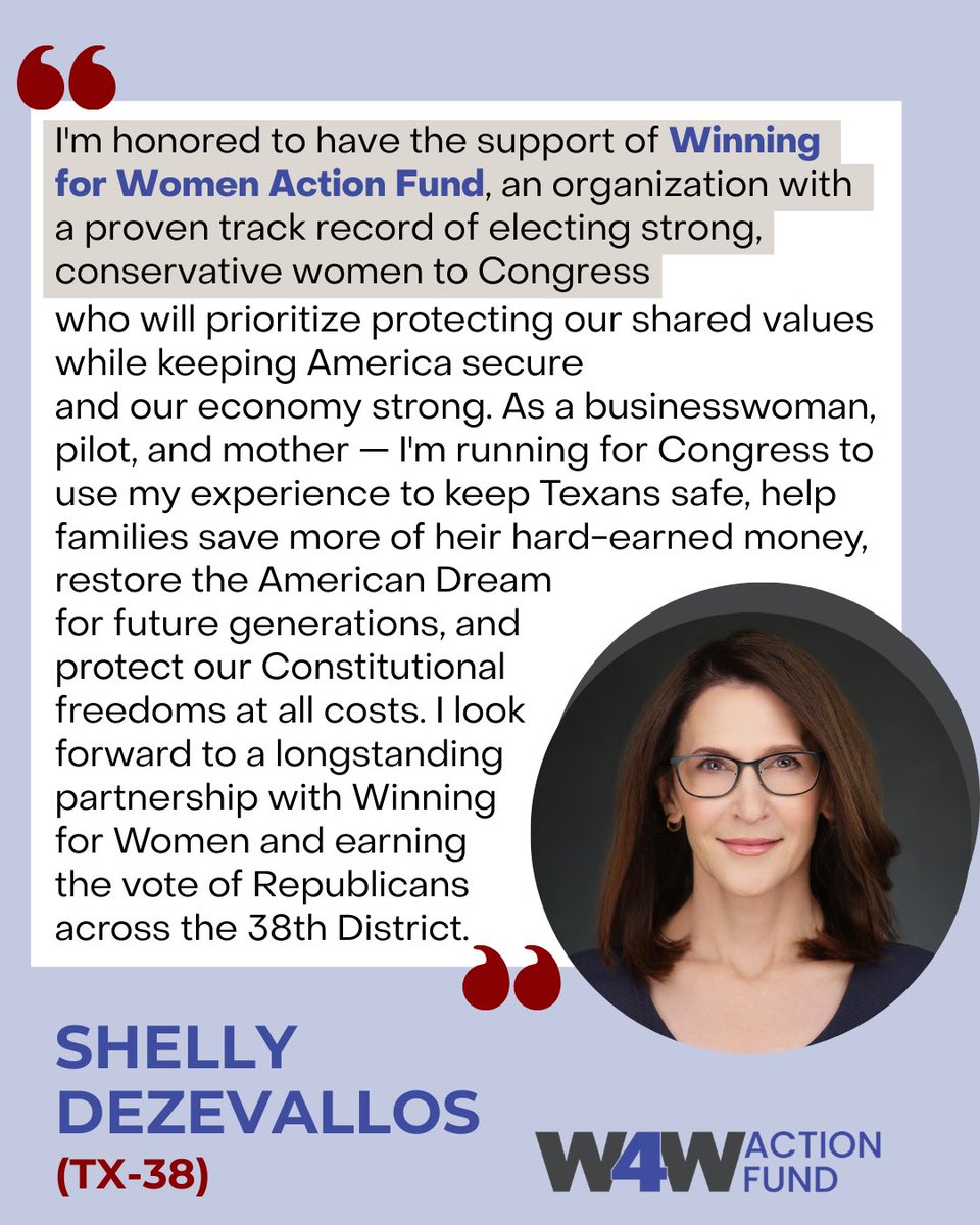 We’re excited to back <a href="/ShellydeZev/">Shelly deZevallos</a> for Congress in #TX38! 

A Houston businesswoman, pilot, and lifelong conservative, Shelly will fight to secure the border, grow our economy, and protect Texas values.

#WFWActionFund