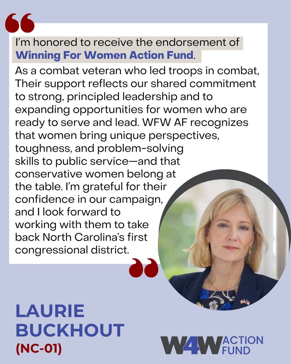 We’re proud to endorse <a href="/lauriebuckhout/">Laurie Buckhout 🎖🪖🇺🇸🦅</a> for Congress in #NC01! 

An Army Colonel and Trump appointee at the Department of War, Laurie brings battle-tested leadership to the fight to flip this battleground seat.

#WFWActionFund