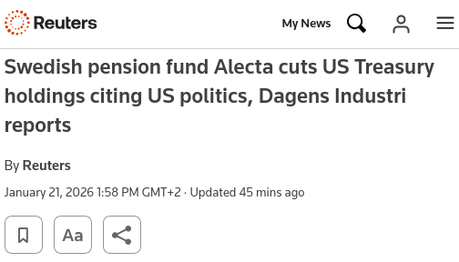 Sweden’s Alecta pension fund, which has about $110 billion worth of assets under its management, has decided to divested most of its U.S. Treasury holdings. Best of luck to US markets when they open today! Greetings from Europe!