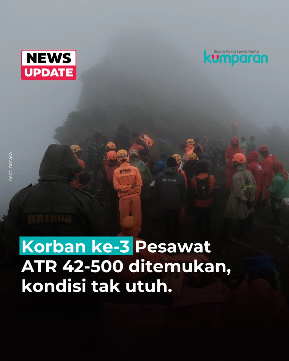 kumparan's tweet image. Pencarian korban pesawat ATR 42-500 PK-THT yang jatuh di Gunung Bulusaraung, Kabupaten Pangkep, Sulawesi Selatan, kembali membuahkan hasil. Tim SAR gabungan menemukan satu korban tambahan pada Rabu (21/1), sehingga total korban yang telah ditemukan menjadi tiga orang.

Kepala…