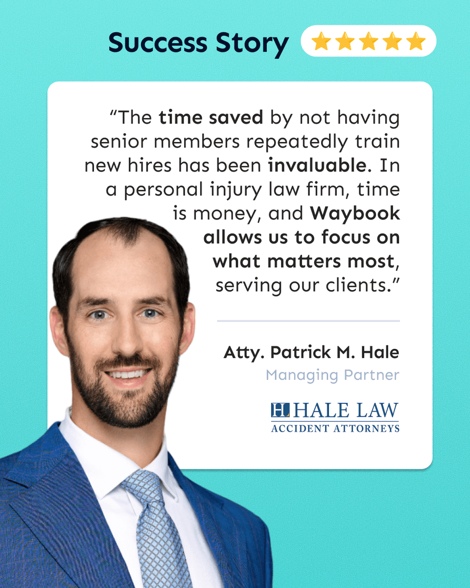 Onboarding used to mean hours of repeating the same information. Now new hires get what they need without slowing anyone else down.

Hear how Waybook helped Hale Law make the shift