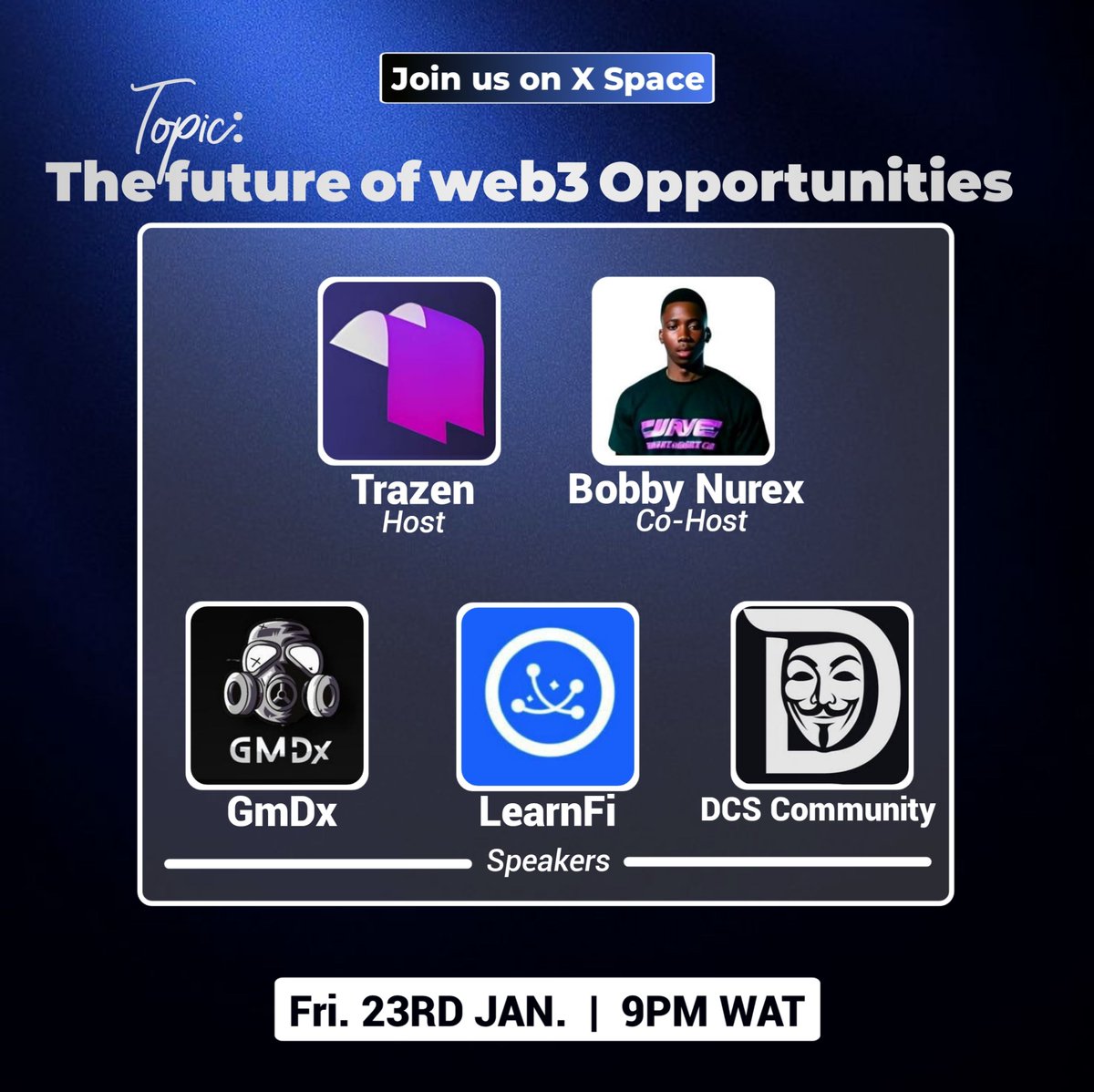 We are kicking off our first X Space of the year!

We will be having our partners discuss their vision &amp; opportunities that you can participate in.

Time⏰️: This Friday at 9pm WAT

Set your reminders and get ready 🫡

x.com/i/spaces/1vAxR…

Co-host: <a href="/Bobby_Nurex/">𝐁𝐨𝐛𝐛𝐲 𝐍𝐮𝐫𝐞𝐱 ✍️</a>

Speakers: