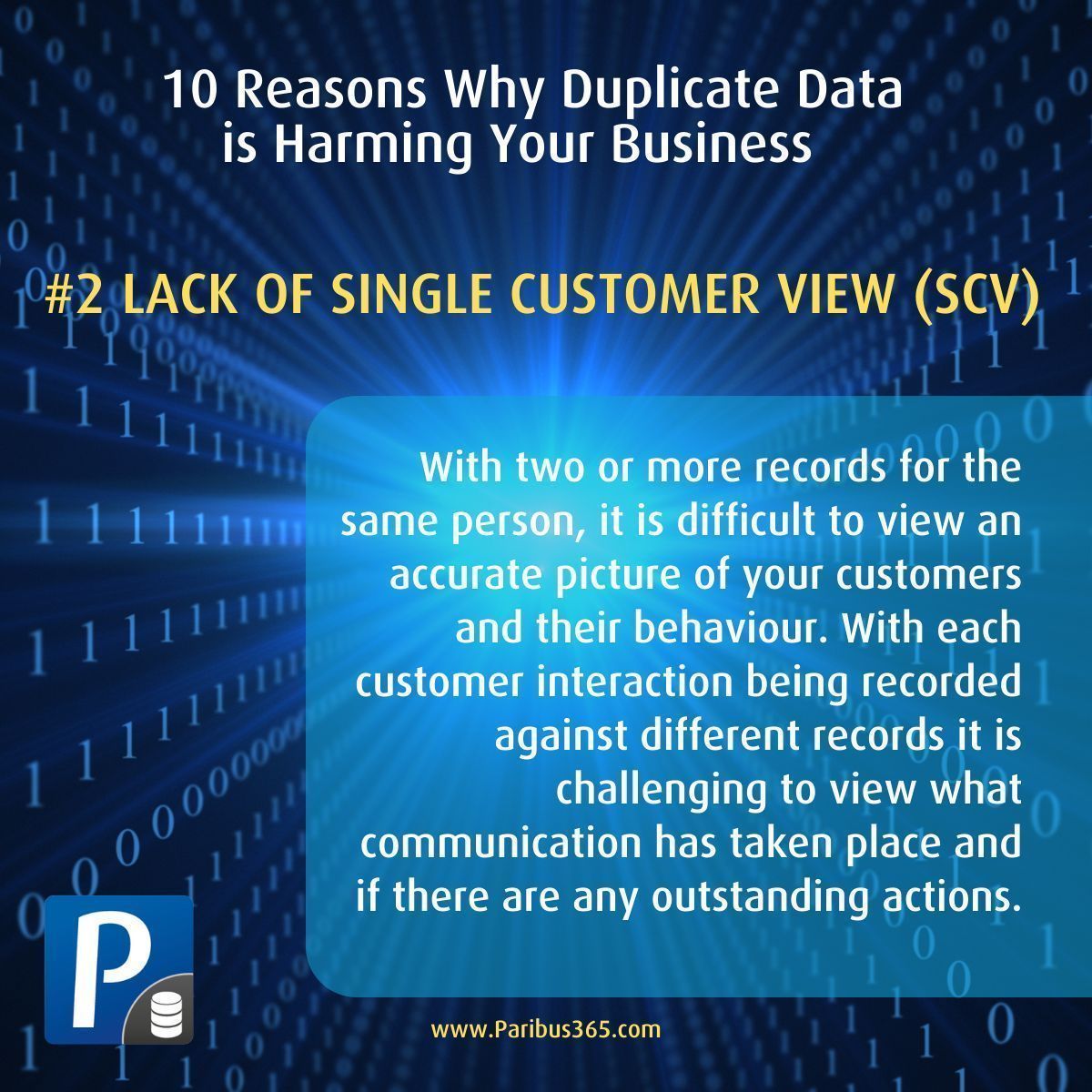 ⭐10 REASONS WHY DUPLICATE DATA IS HARMING YOUR BUSINESS ⭐

2. LACK OF SINGLE CUSTOMER VIEW

With two or more #CRM records for one person, it is difficult to view an accurate picture of yr customers &amp; their behavior

Read more: buff.ly/3Le8C3o

#Dynamics365 #dataquality