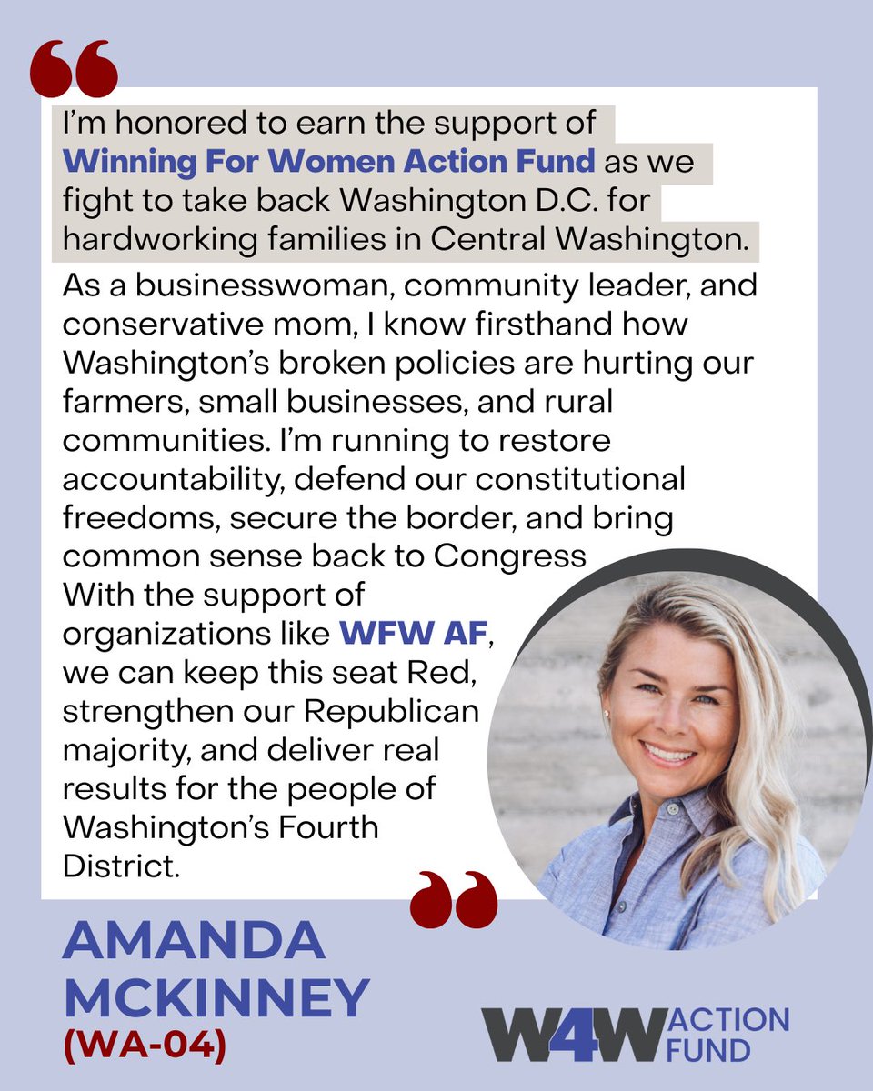 As a mom, businesswoman, and county commissioner, <a href="/_AmandaMcKinney/">Amanda McKinney for Washington</a> is ready to fight for farmers, families, and small businesses across Central Washington.

We’re thrilled to support her campaign for Congress in #WA04!

#WFWActionFund